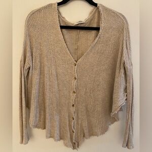 Urban Outfitters Out From Under Oatmeal Waffle Button Tie Long Sleeve Top Sz S